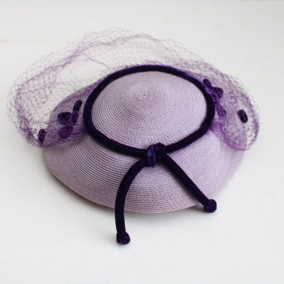 Vintage 1950's Lilac Woven Purple Heart Velvet Birdcage Veil Headpiece Hat - Picture 8 of 10